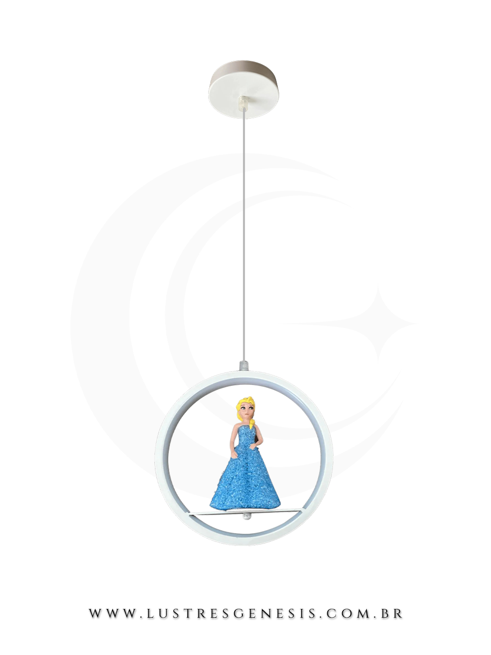 Lustre Pendente Infantil Princesa Elsa Frozen Azul Luminaria Decorativa LED Redonda &Oslash;23cm para Quarto Infantil Quarto de Menina Cabeceira de Cama